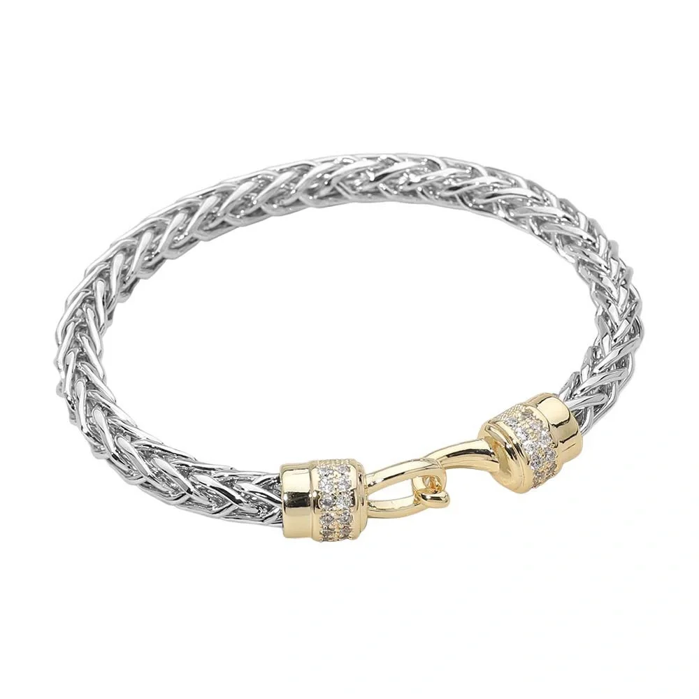 14K Gold Plated Two Tone CZ Stone Paved Hook Accent Woven Bangle Bracelet